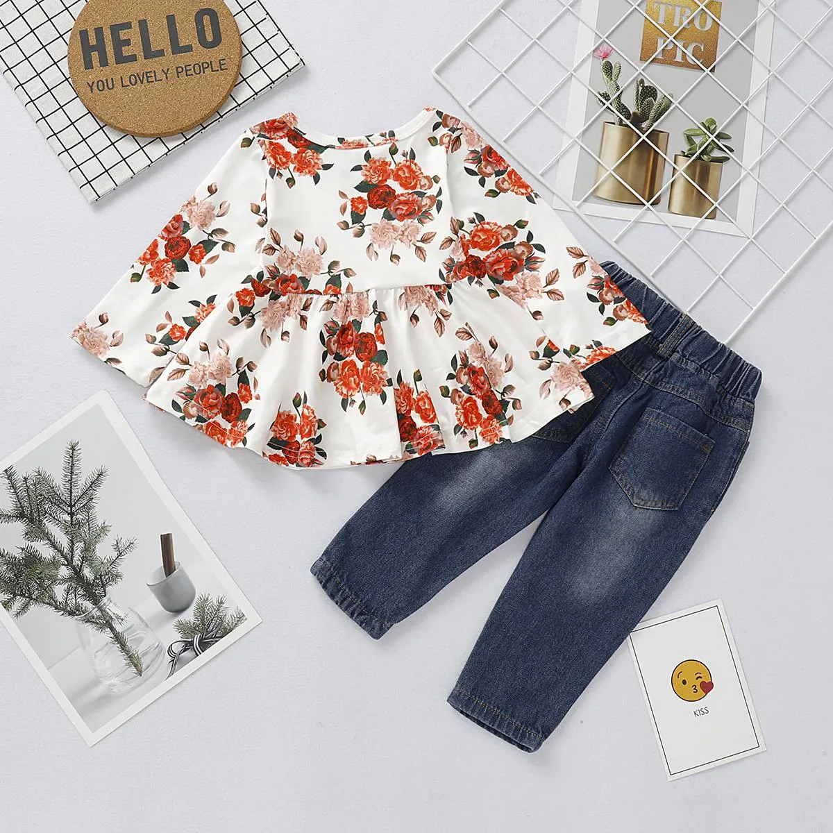 6M-4Y Baby Girls Outfits Floral Print Long Sleeve Round Neck Top Ripped Jeans Pants 2Pcs Clothes Set White Catpapa 197707
