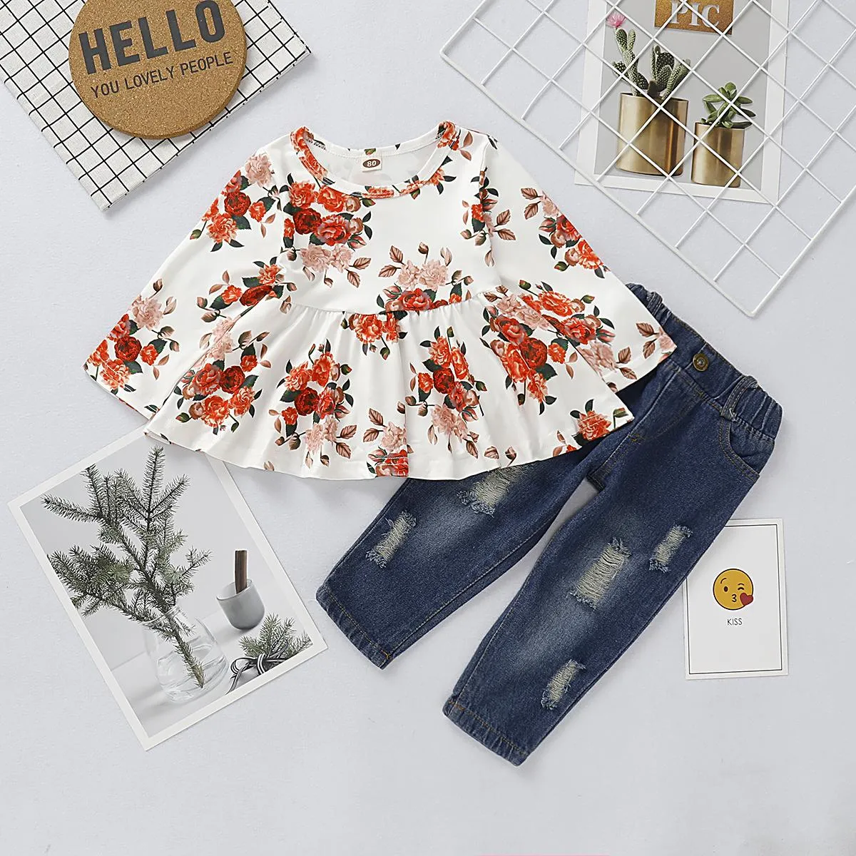 6M-4Y Baby Girls Outfits Floral Print Long Sleeve Round Neck Top Ripped Jeans Pants 2Pcs Clothes Set White Catpapa 197707