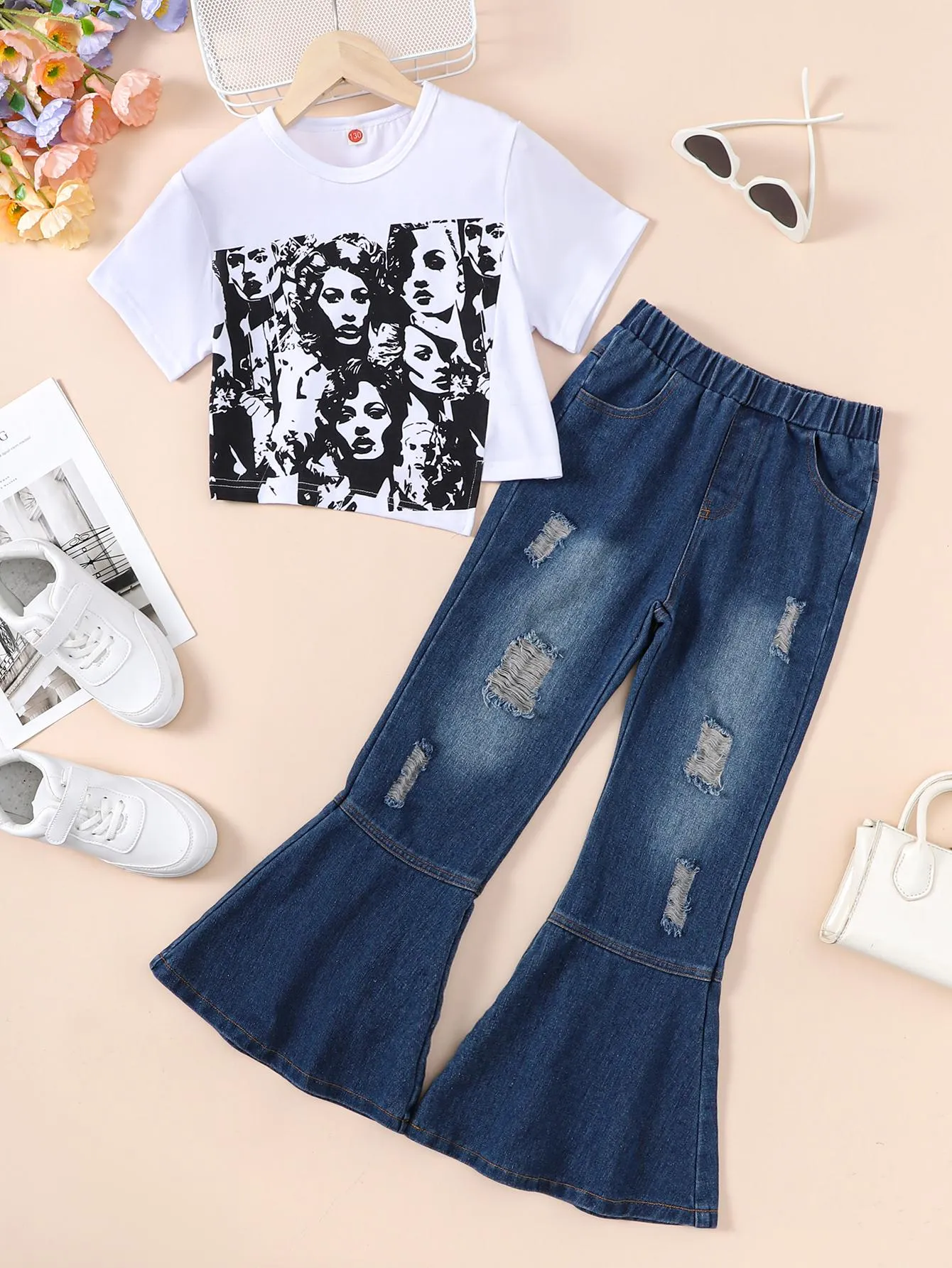 7-14Y Girl's Retro Short Sleeve Graphic Top   Flare Leg Ripped Jeans Holiday Casual Set, Summer 2PCS Girls Clothes Catpapa 462312027