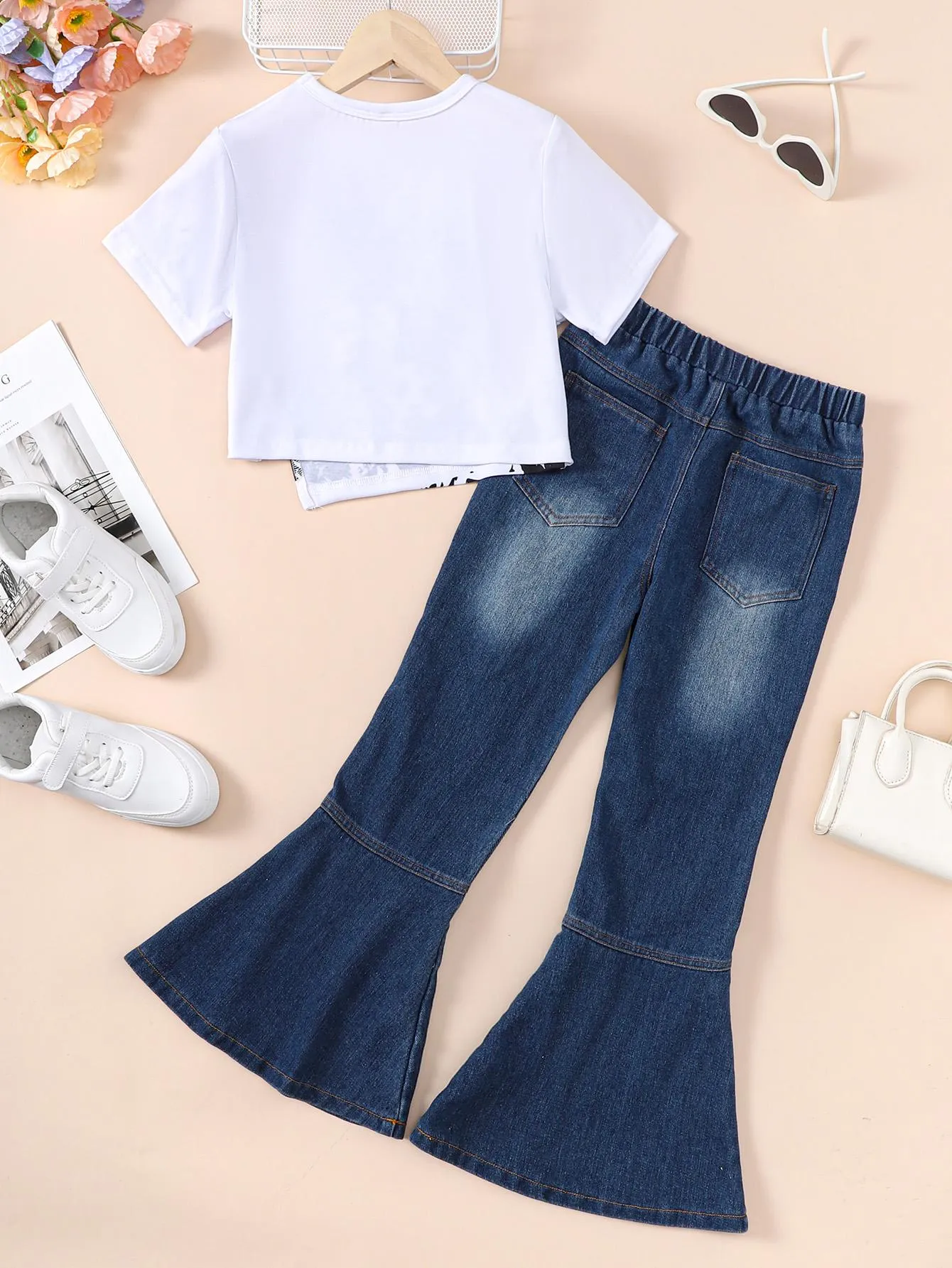 7-14Y Girl's Retro Short Sleeve Graphic Top   Flare Leg Ripped Jeans Holiday Casual Set, Summer 2PCS Girls Clothes Catpapa 462312027