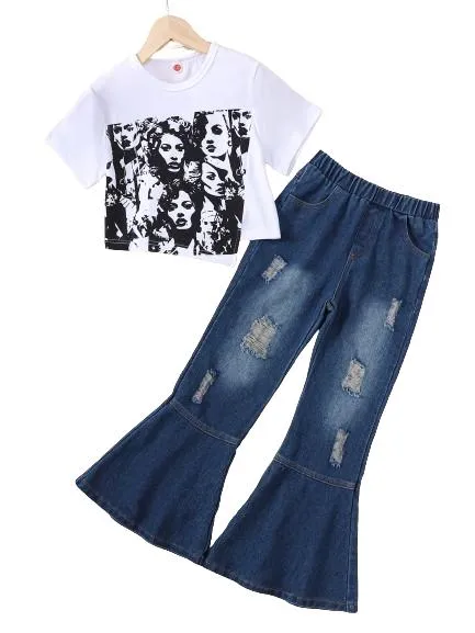 7-14Y Girl's Retro Short Sleeve Graphic Top   Flare Leg Ripped Jeans Holiday Casual Set, Summer 2PCS Girls Clothes Catpapa 462312027