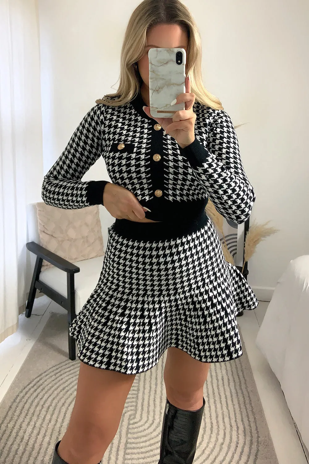 Amiee Black and White Houndstooth Crop Top and Skirt Co-Ord Set