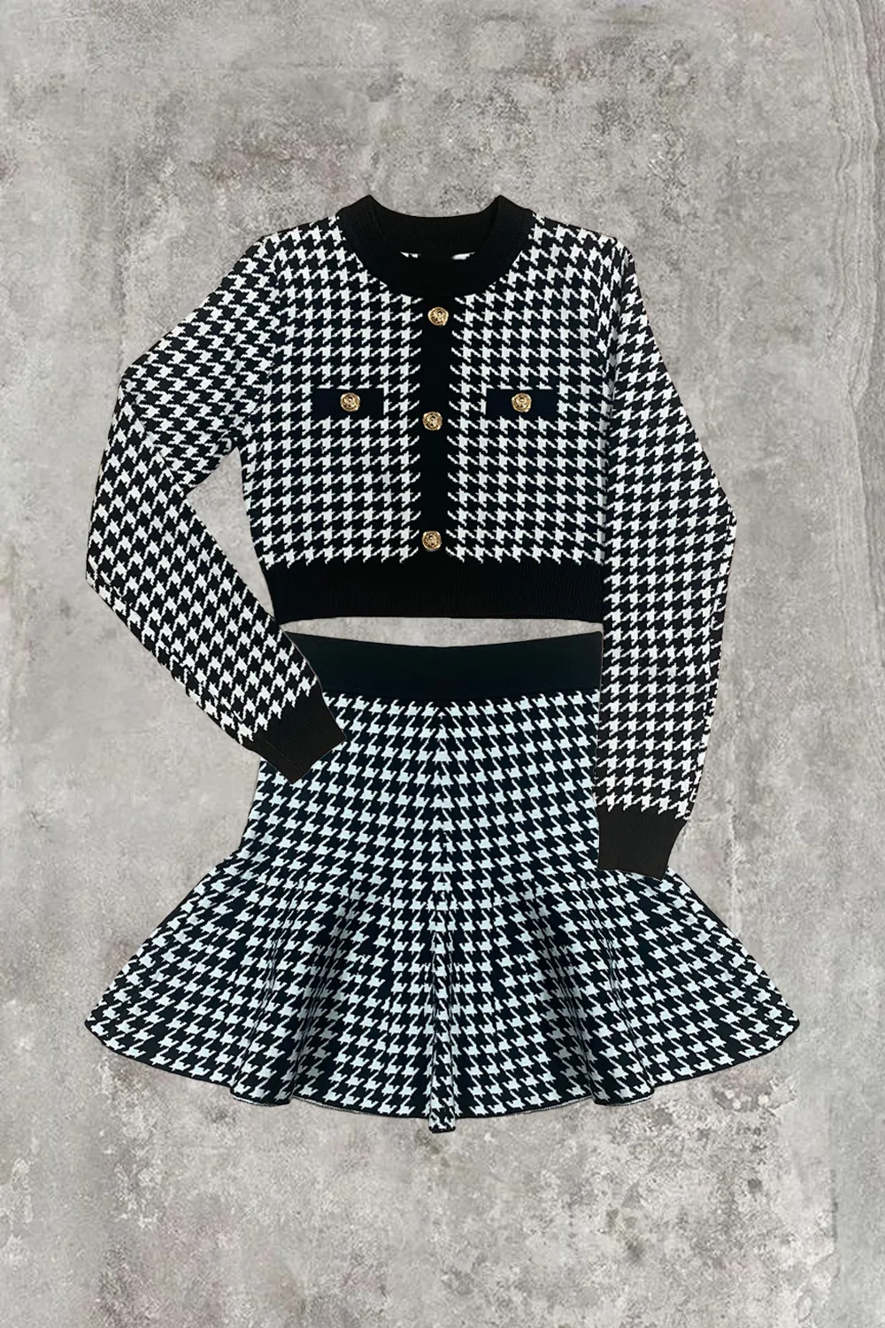 Amiee Black and White Houndstooth Crop Top and Skirt Co-Ord Set