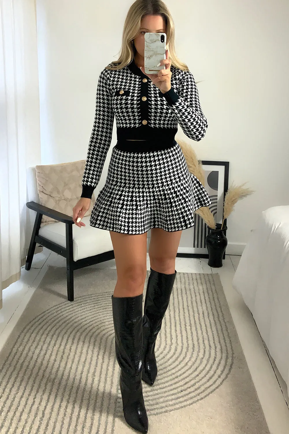 Amiee Black and White Houndstooth Crop Top and Skirt Co-Ord Set