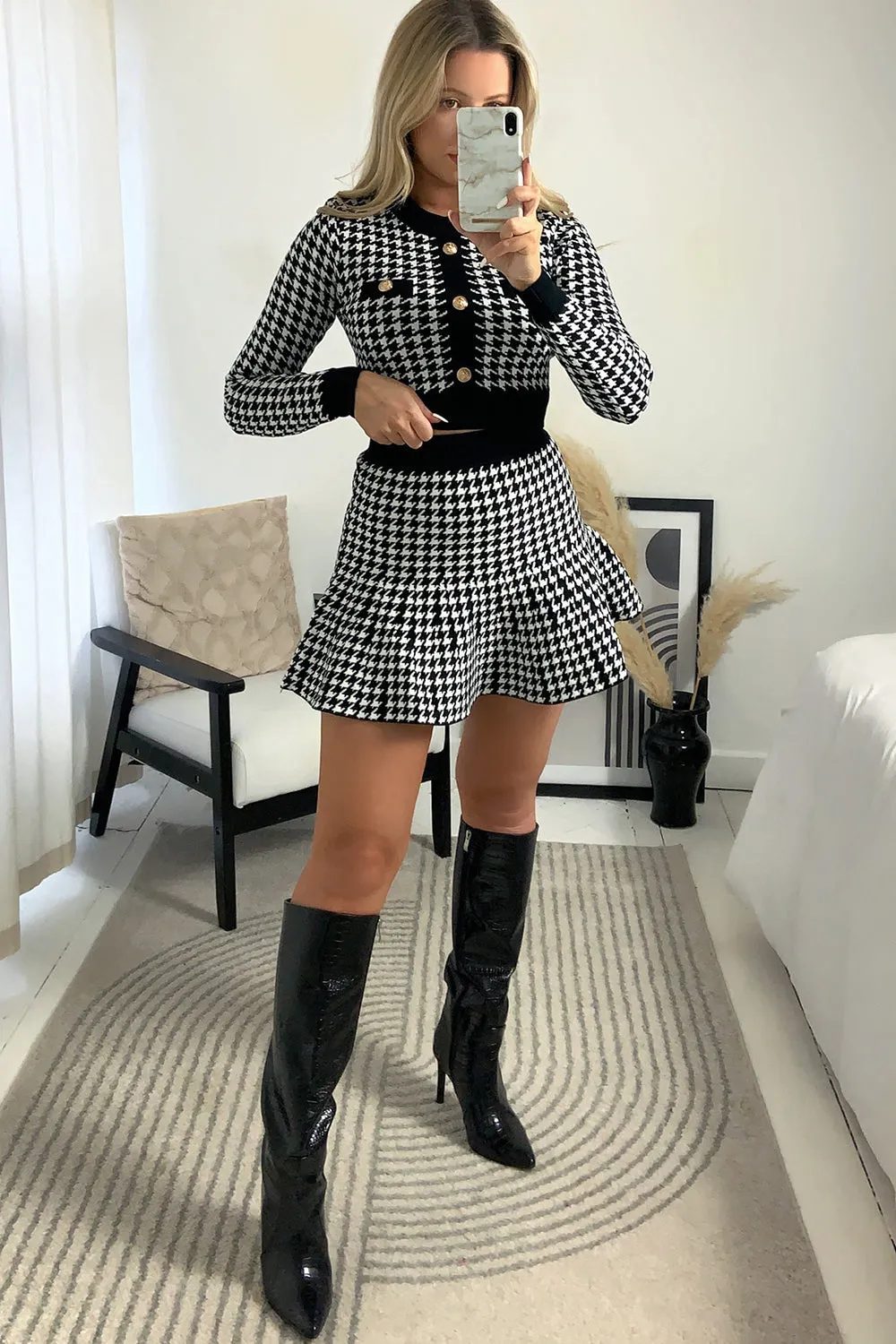 Amiee Black and White Houndstooth Crop Top and Skirt Co-Ord Set