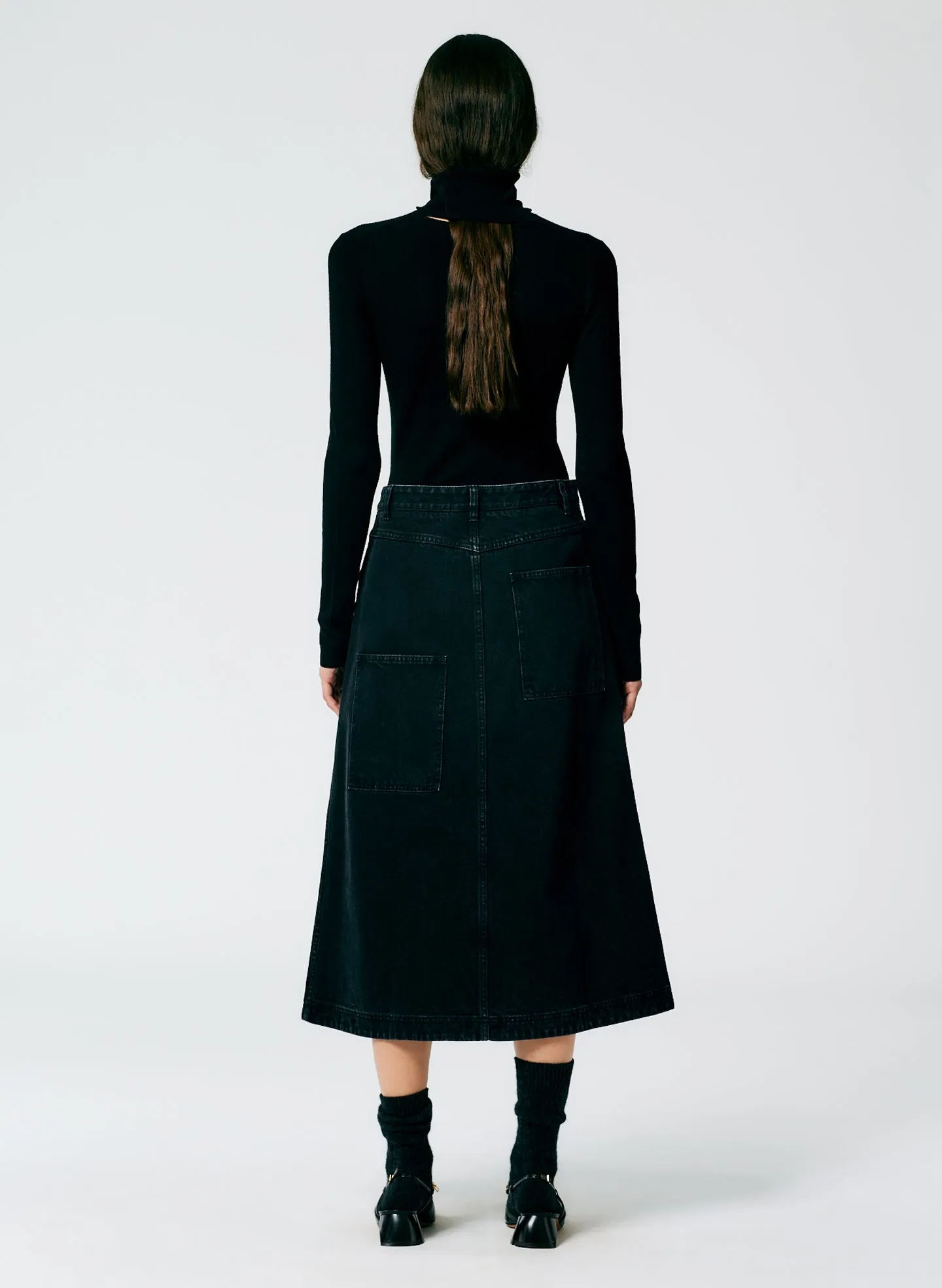 Black Denim Midi A-Line Skirt