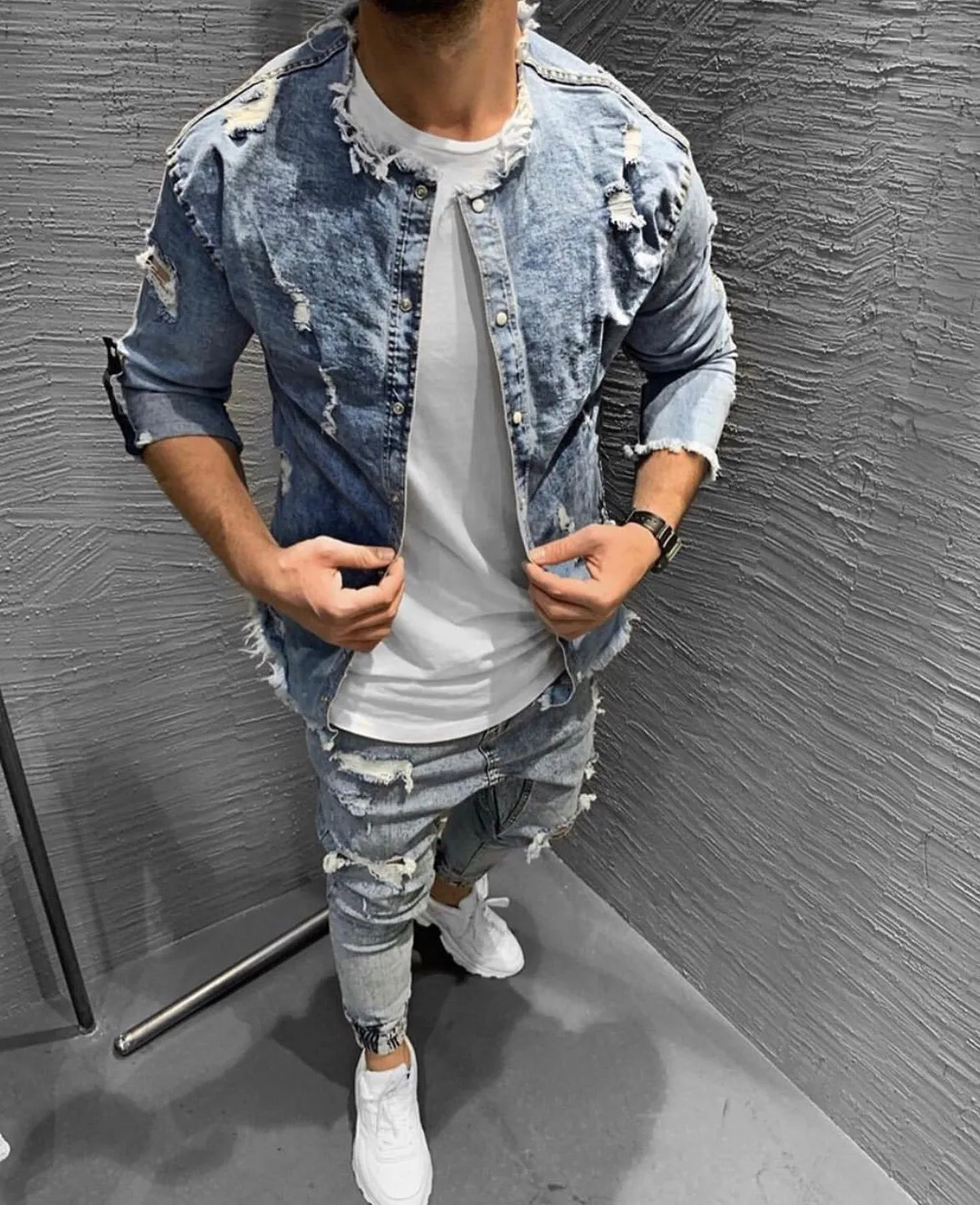 Blue Ripped Slim Fit Jeans Shirt KB243 Mens Shirt
