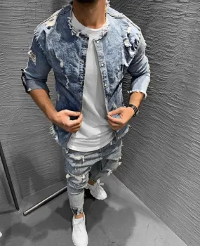 Blue Ripped Slim Fit Jeans Shirt KB243 Mens Shirt