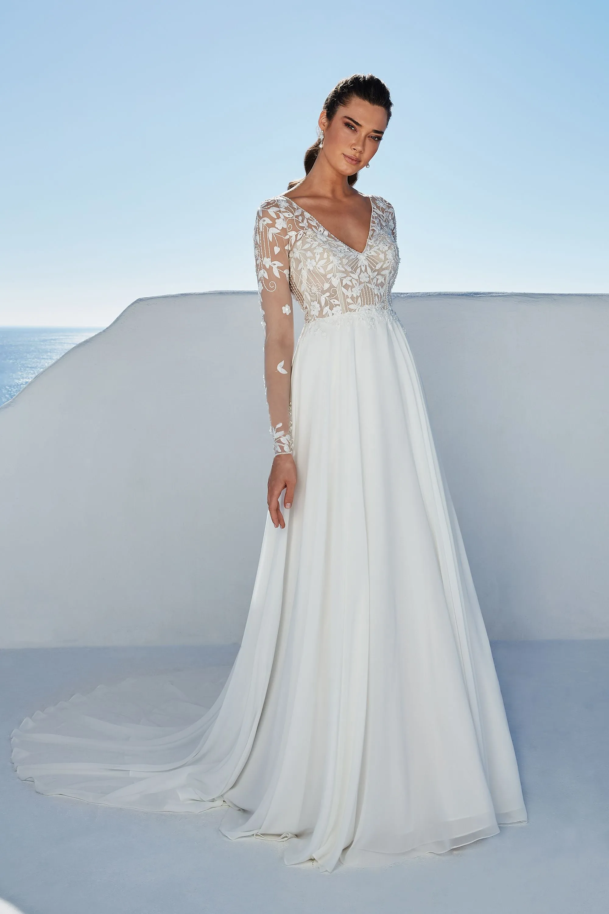 Braelynn : Chiffon Skirt A-Line Gown with Illusion Back and Pearl Buttons
