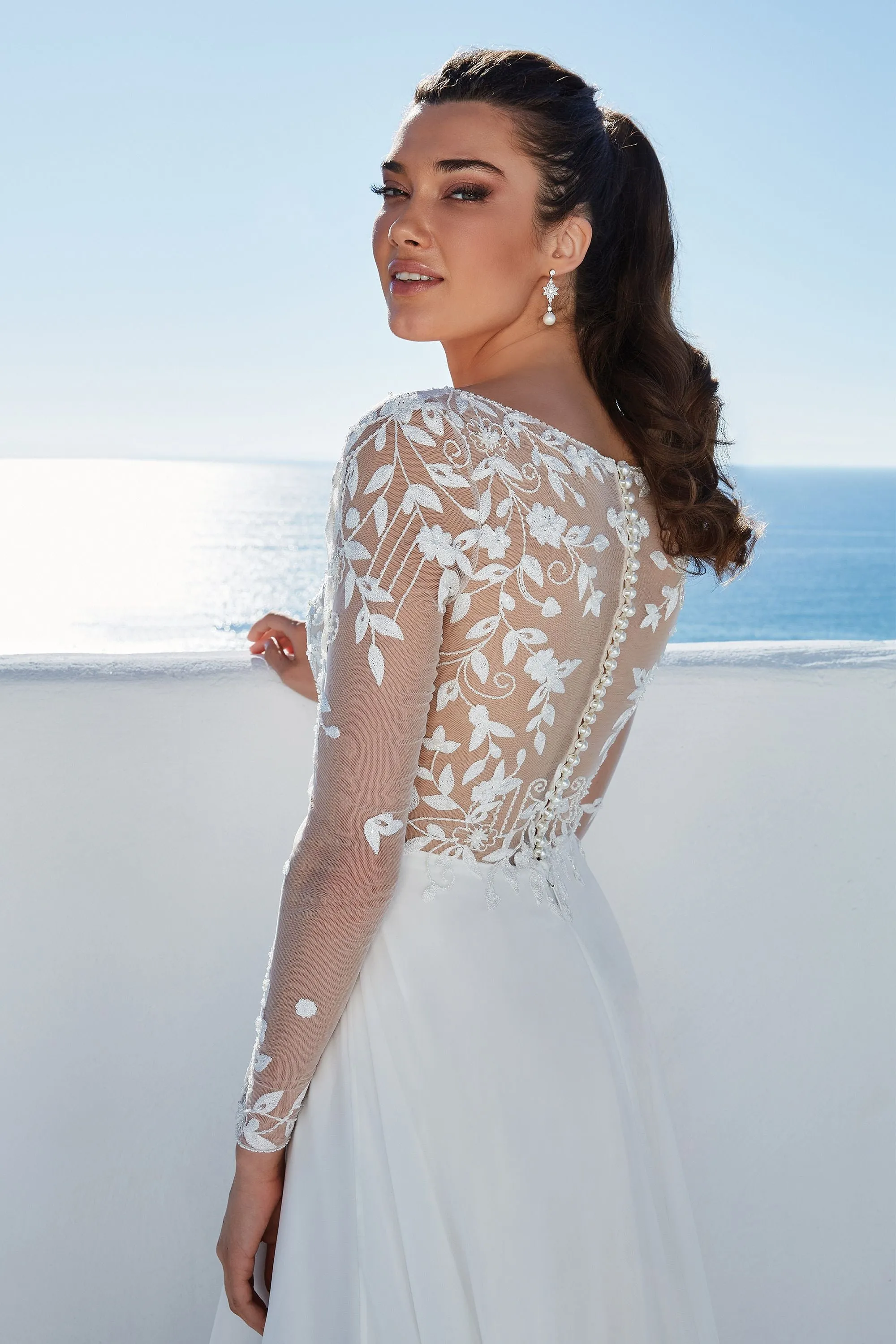 Braelynn : Chiffon Skirt A-Line Gown with Illusion Back and Pearl Buttons