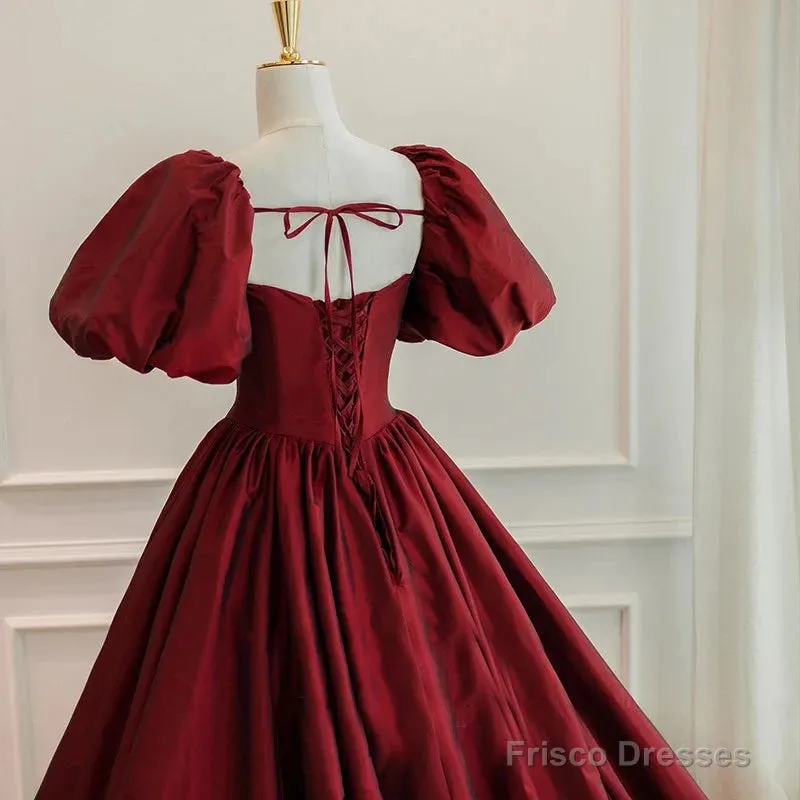 Burgundy Short Sleeves Floor Length Long Evening Dresses Ball Gown Formal Dresses prom dresses shops