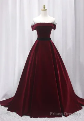 Burgundy Velvet Long Prom Dresses, A-Line Evening Dresses