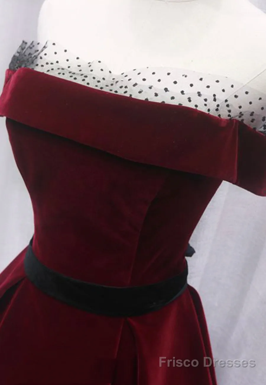Burgundy Velvet Long Prom Dresses, A-Line Evening Dresses