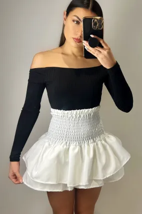 Cece White Shirred Waist Ruffle Hem Mini Skirt