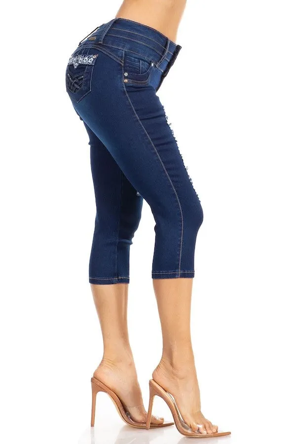 Embroidered Floral Ripped Capri Jeans
