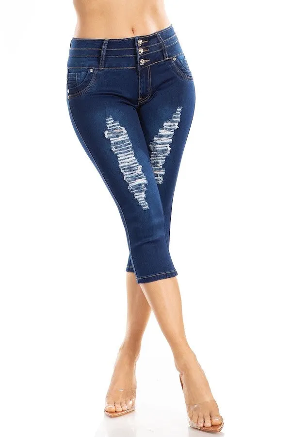 Embroidered Floral Ripped Capri Jeans