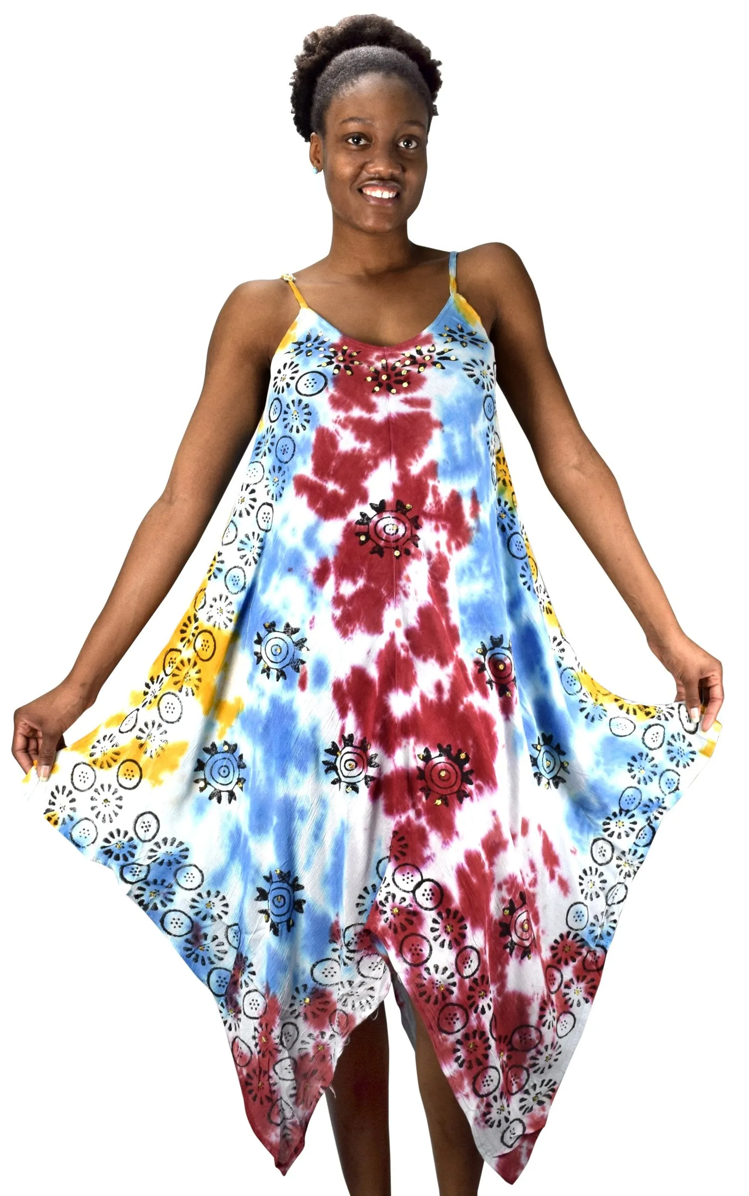 Floral Tie Dye Handkercheif Hem Sleeveless Summer Dress Cover up