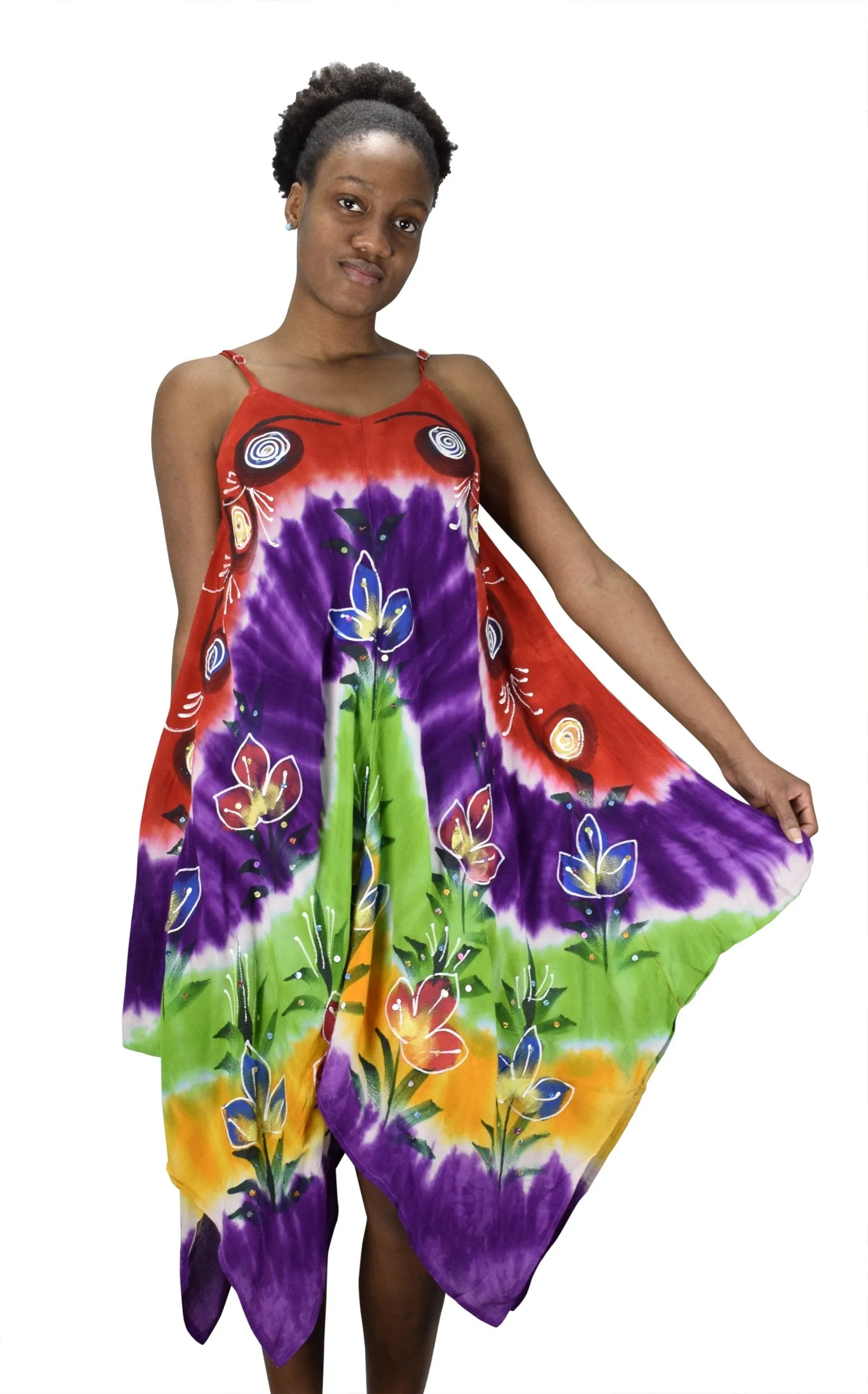 Floral Tie Dye Handkercheif Hem Sleeveless Summer Dress Cover up