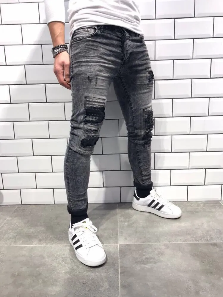 Gray Patch Ripped Slim Fit Jeans B13 Streetwear Jeans