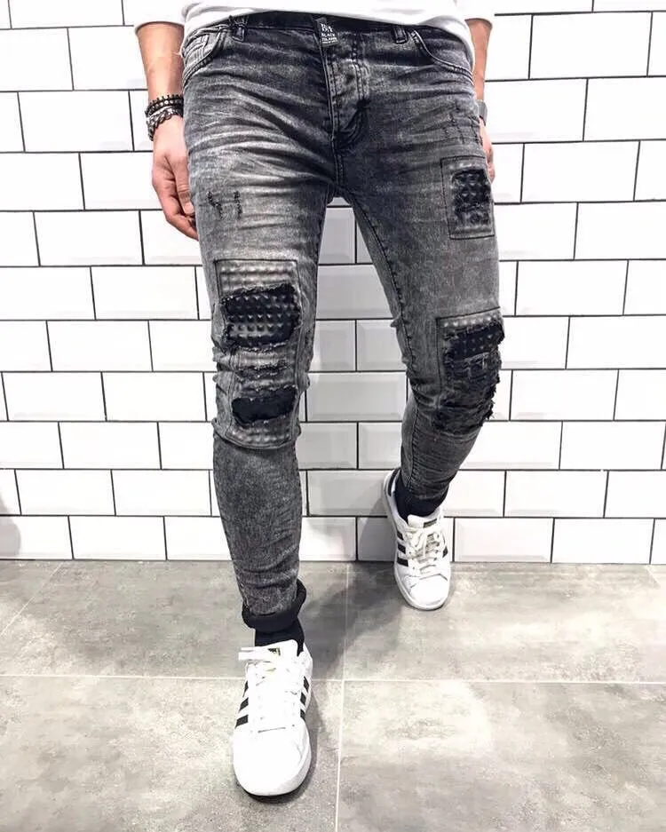 Gray Patch Ripped Slim Fit Jeans B13 Streetwear Jeans