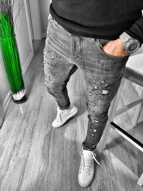 Gray Washed Ripped Skinny Fit Jeans S129 Streetwear Mens Jeans