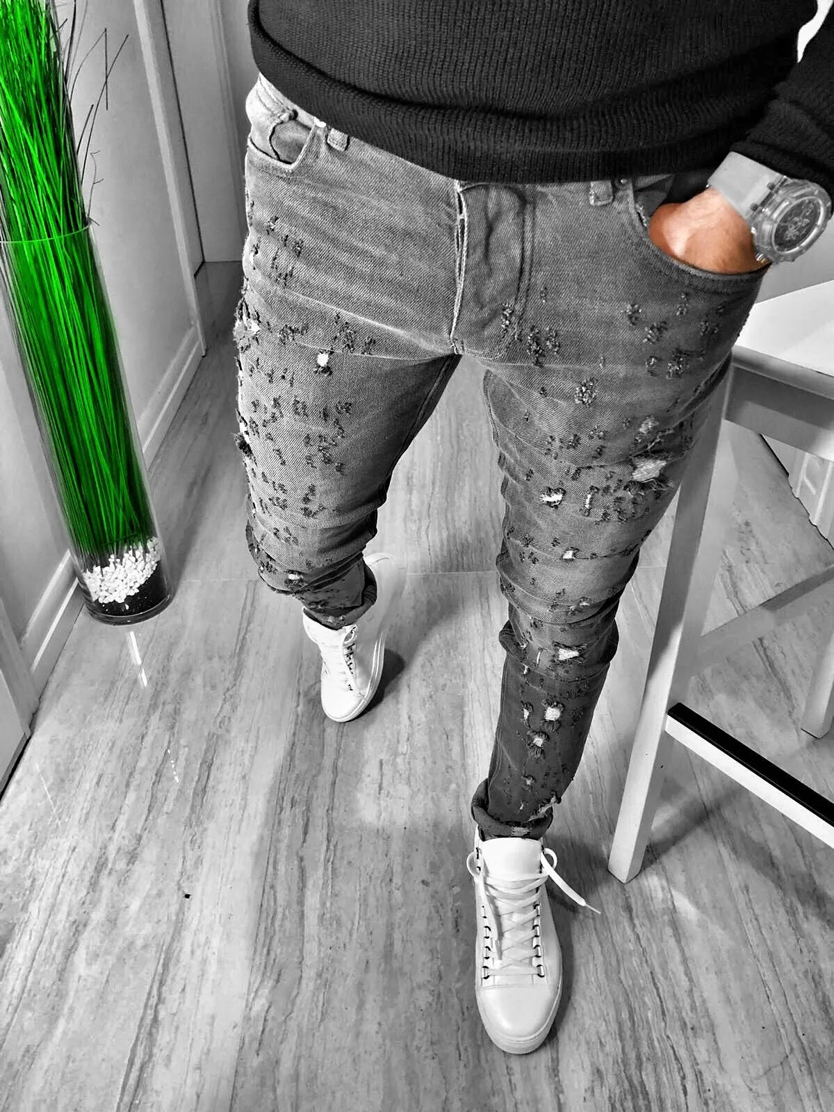 Gray Washed Ripped Skinny Fit Jeans S129 Streetwear Mens Jeans