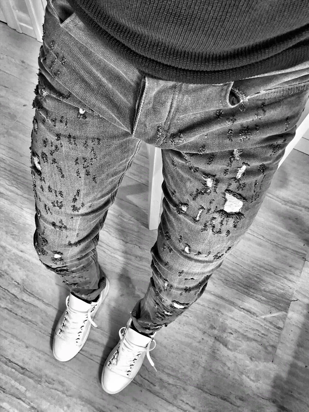 Gray Washed Ripped Skinny Fit Jeans S129 Streetwear Mens Jeans