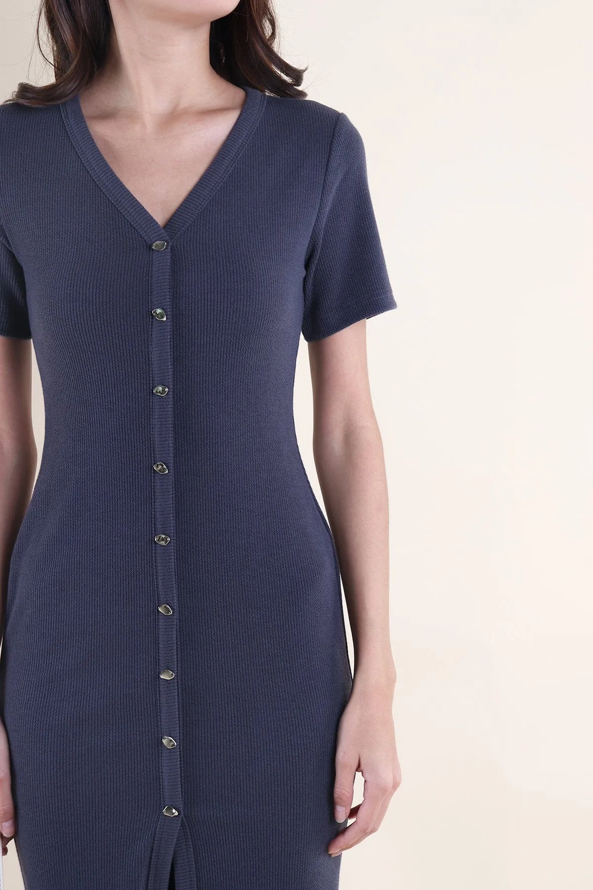 HENDRIC RIBBED BUTTONED MIDAXI IN STEEL BLUE
