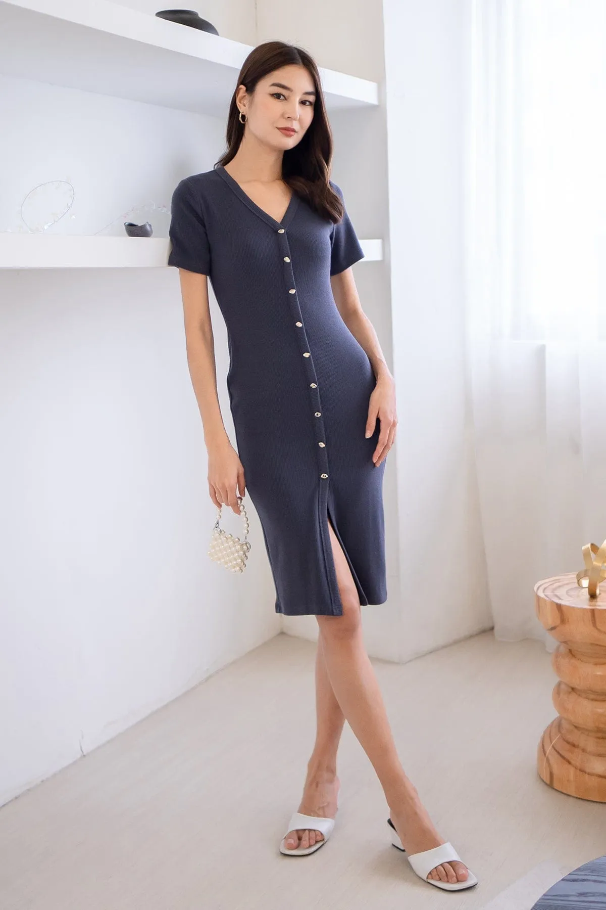 HENDRIC RIBBED BUTTONED MIDAXI IN STEEL BLUE