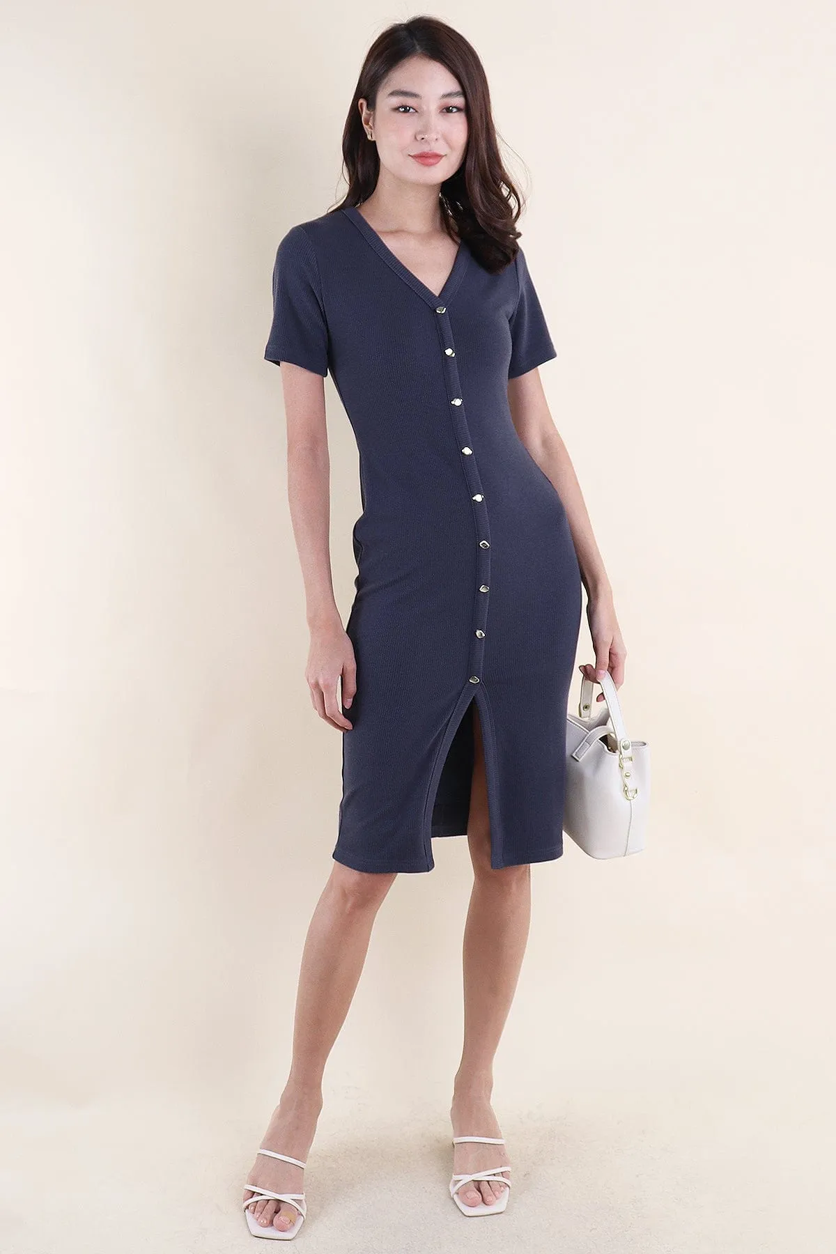 HENDRIC RIBBED BUTTONED MIDAXI IN STEEL BLUE