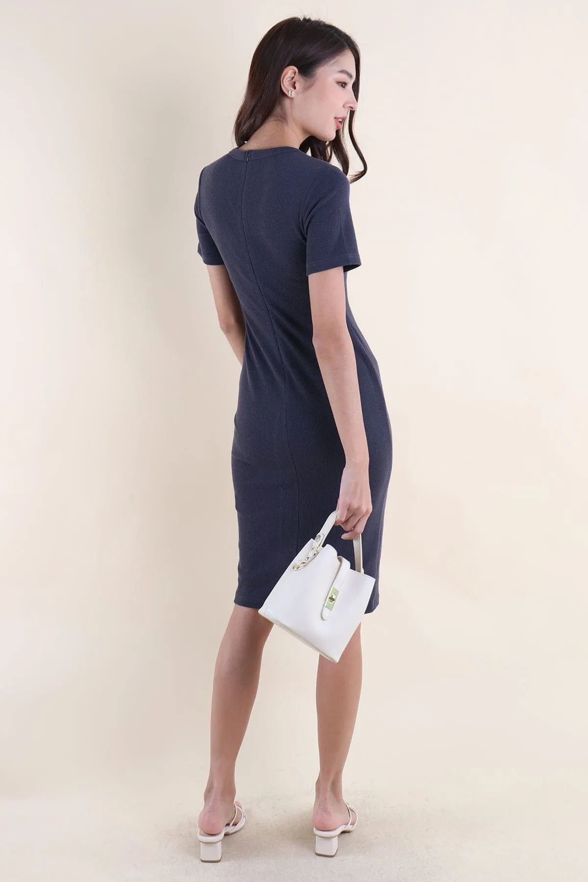 HENDRIC RIBBED BUTTONED MIDAXI IN STEEL BLUE