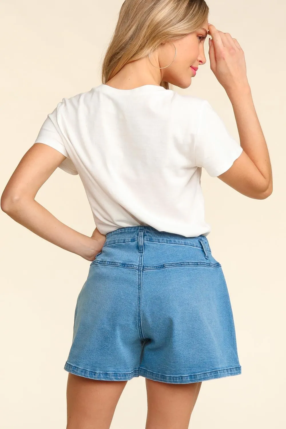 Just BE. Haptics High Rise Button Fly Washed Denim Shorts