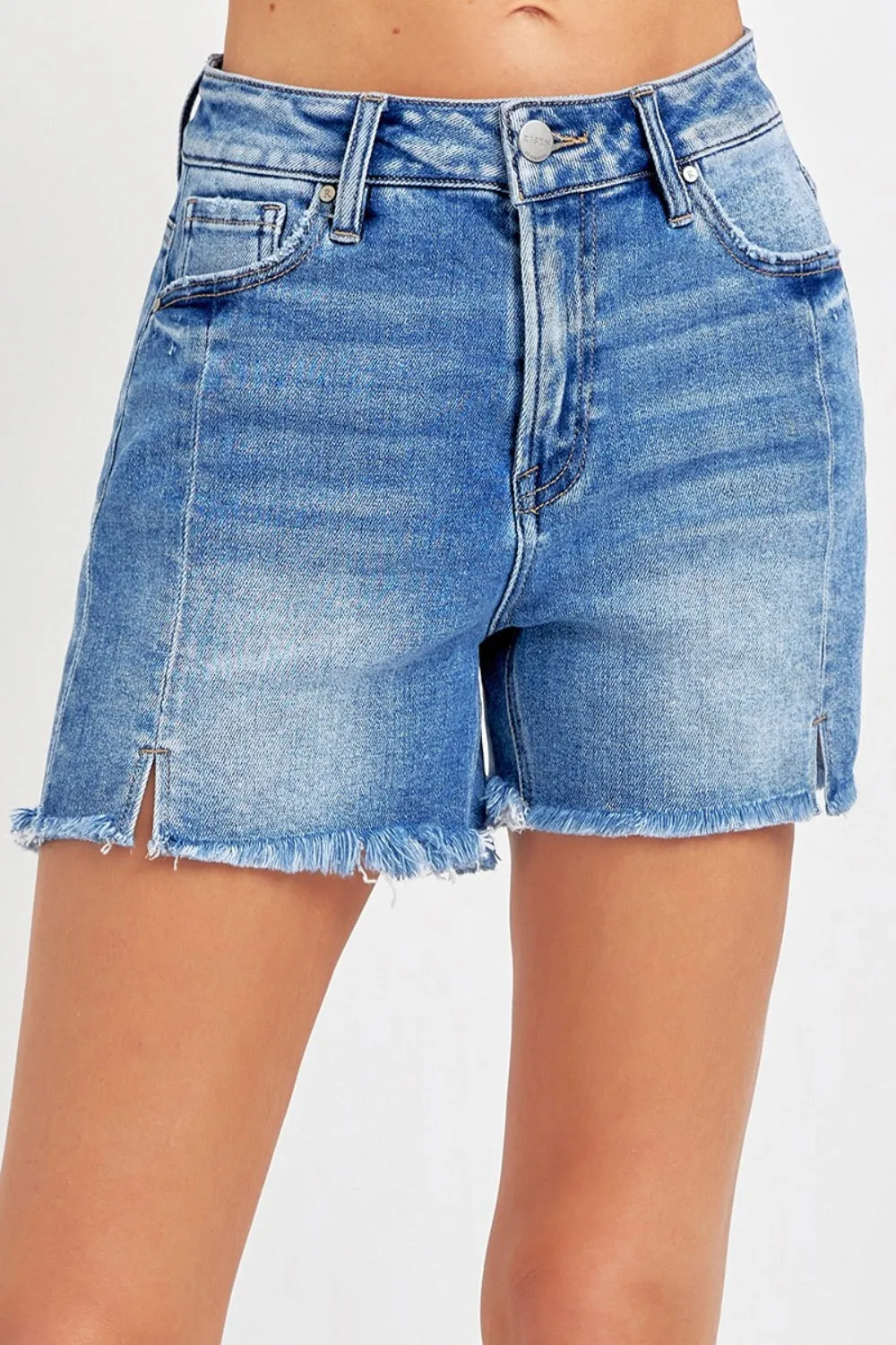 Just BE. RISEN Front Slit Raw Hem Denim Shorts