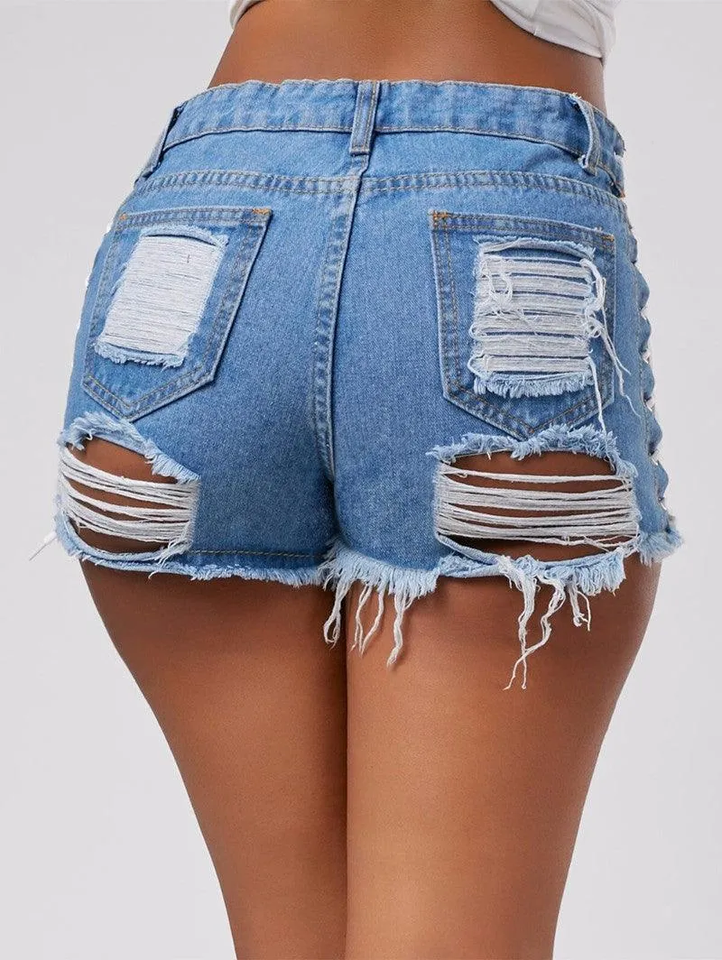 LACE-UP FRAYED DENIM SHORTS