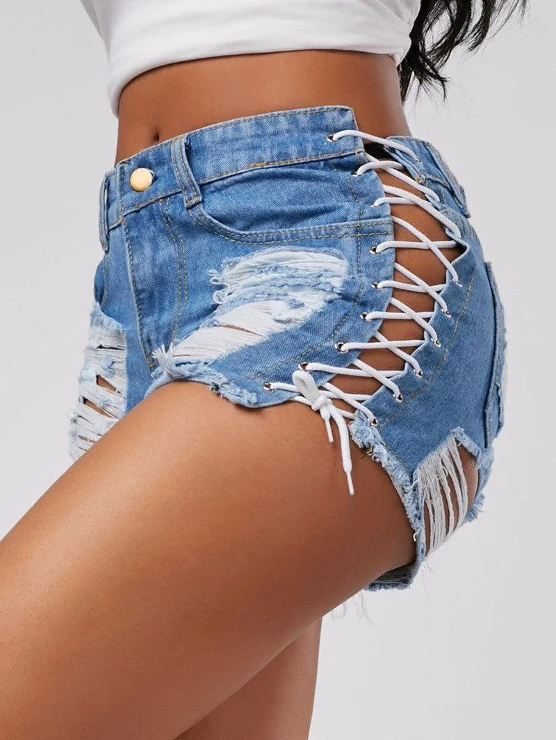 LACE-UP FRAYED DENIM SHORTS