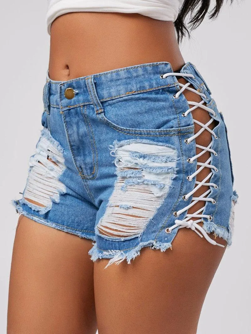 LACE-UP FRAYED DENIM SHORTS