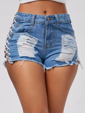 LACE-UP FRAYED DENIM SHORTS