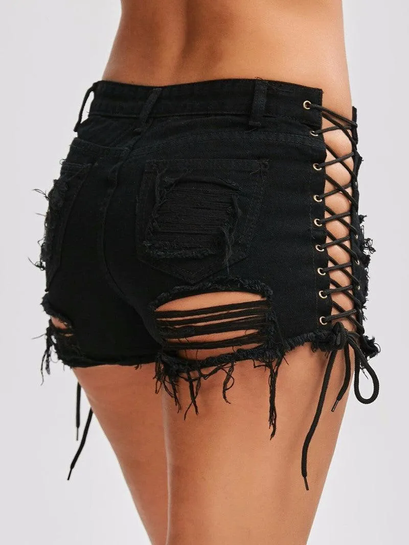 LACE-UP FRAYED DENIM SHORTS