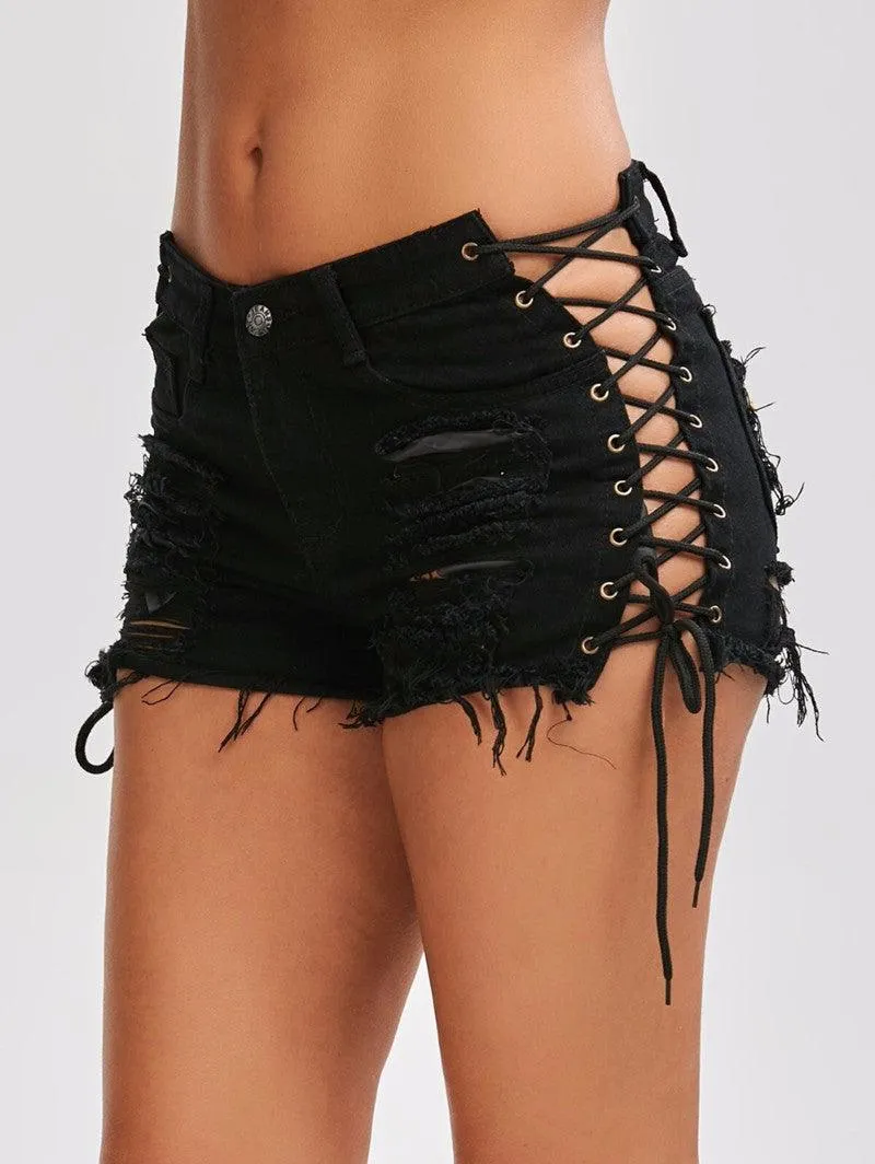 LACE-UP FRAYED DENIM SHORTS