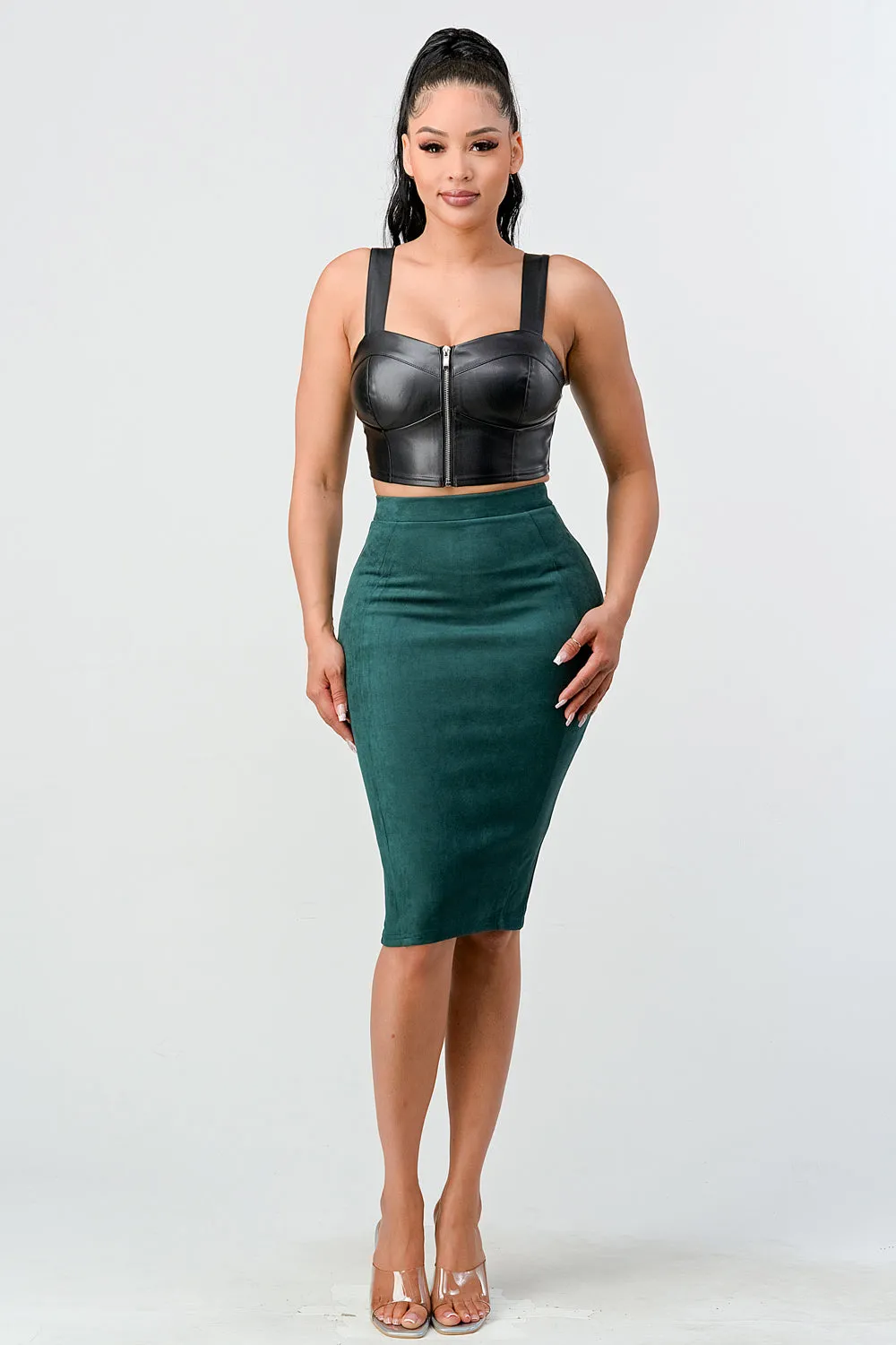 LUX TECHNO SUEDE HIGH WAIST BODYCON MIDI SKIRT
