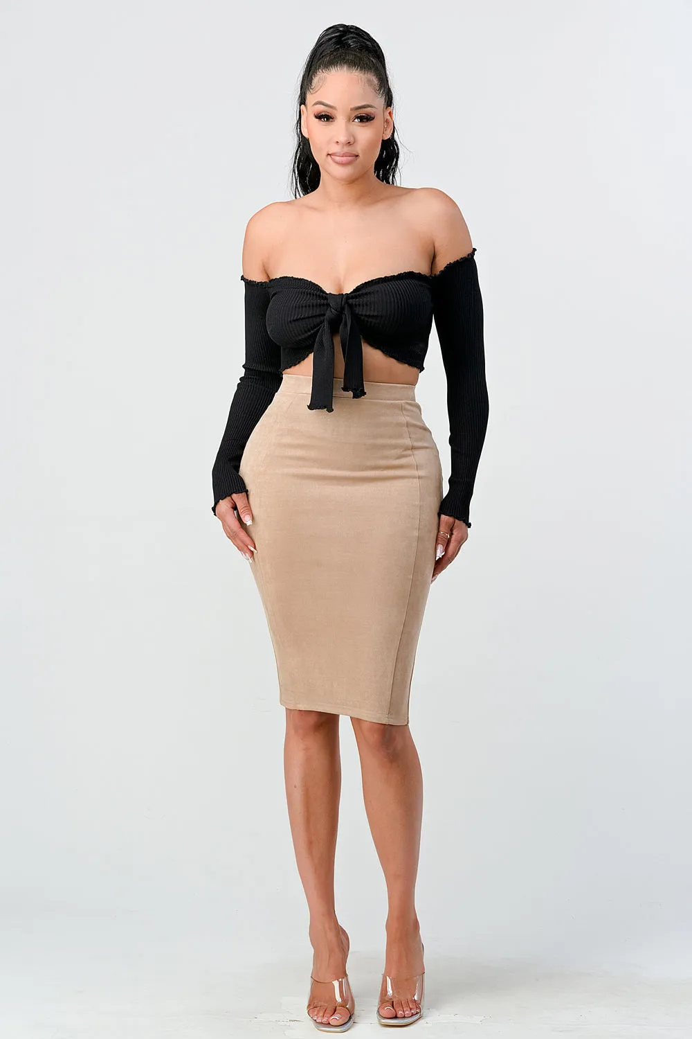 LUX TECHNO SUEDE HIGH WAIST BODYCON MIDI SKIRT