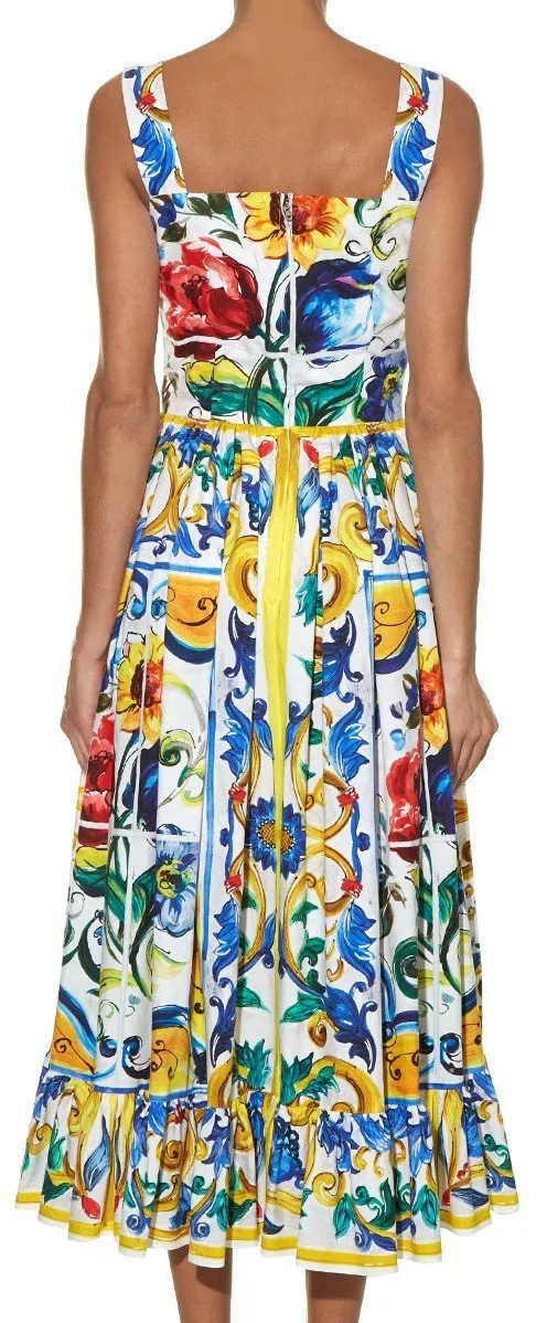 'Majolica' Print Multicolor Frilled-Hem Dress