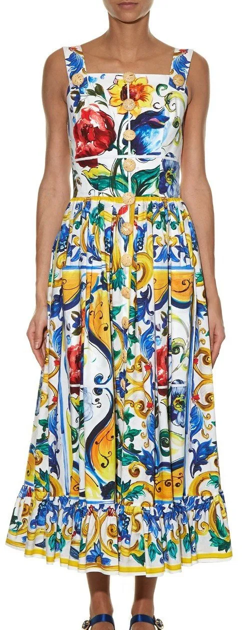 'Majolica' Print Multicolor Frilled-Hem Dress