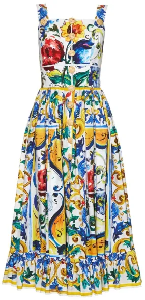 'Majolica' Print Multicolor Frilled-Hem Dress