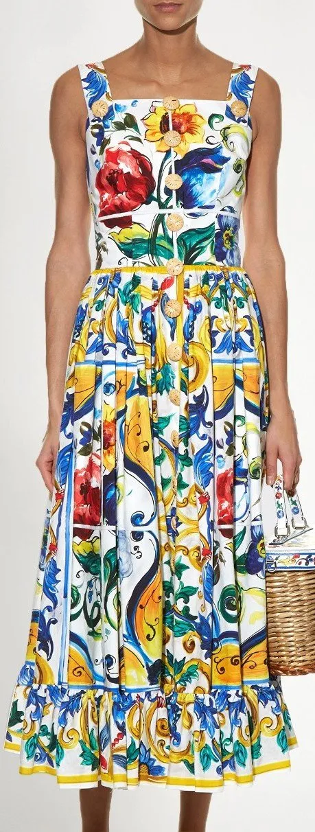 'Majolica' Print Multicolor Frilled-Hem Dress