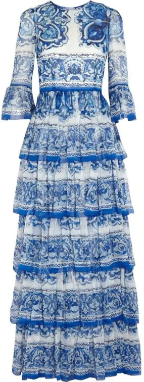 Luxurious Majolica Patterned Tiered Evening Gown