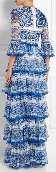 Luxurious Majolica Patterned Tiered Evening Gown