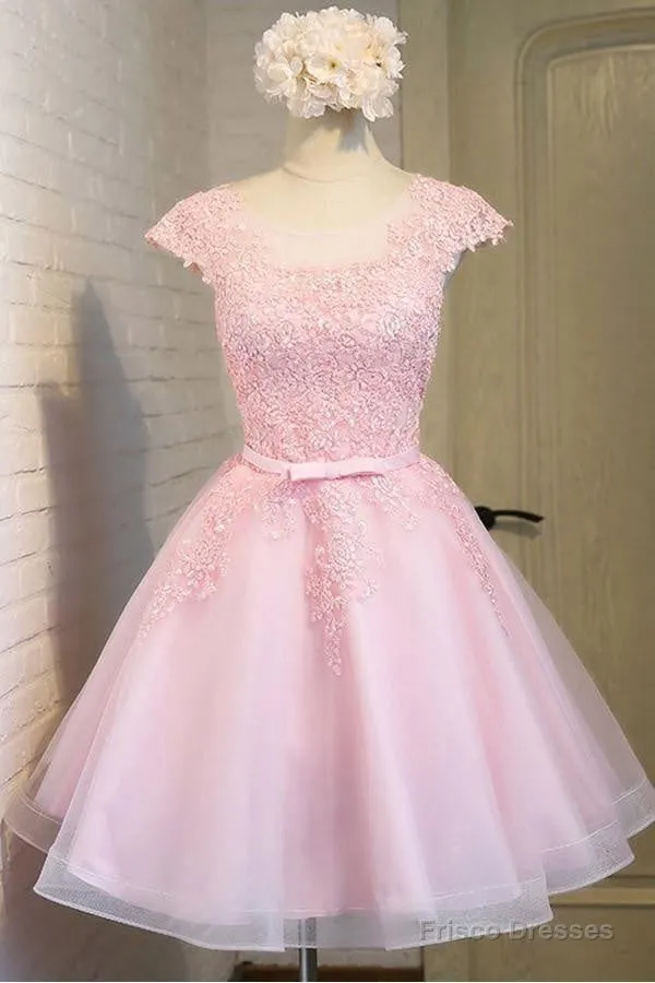 Pink Lace Short Tulle Homecoming Dresses Party Dresses With Cap Sleeves