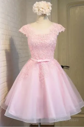 Pink Lace Short Tulle Homecoming Dresses Party Dresses With Cap Sleeves