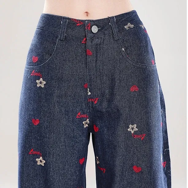 Retro Style Red Small Flower Embroidered Straight Jeans